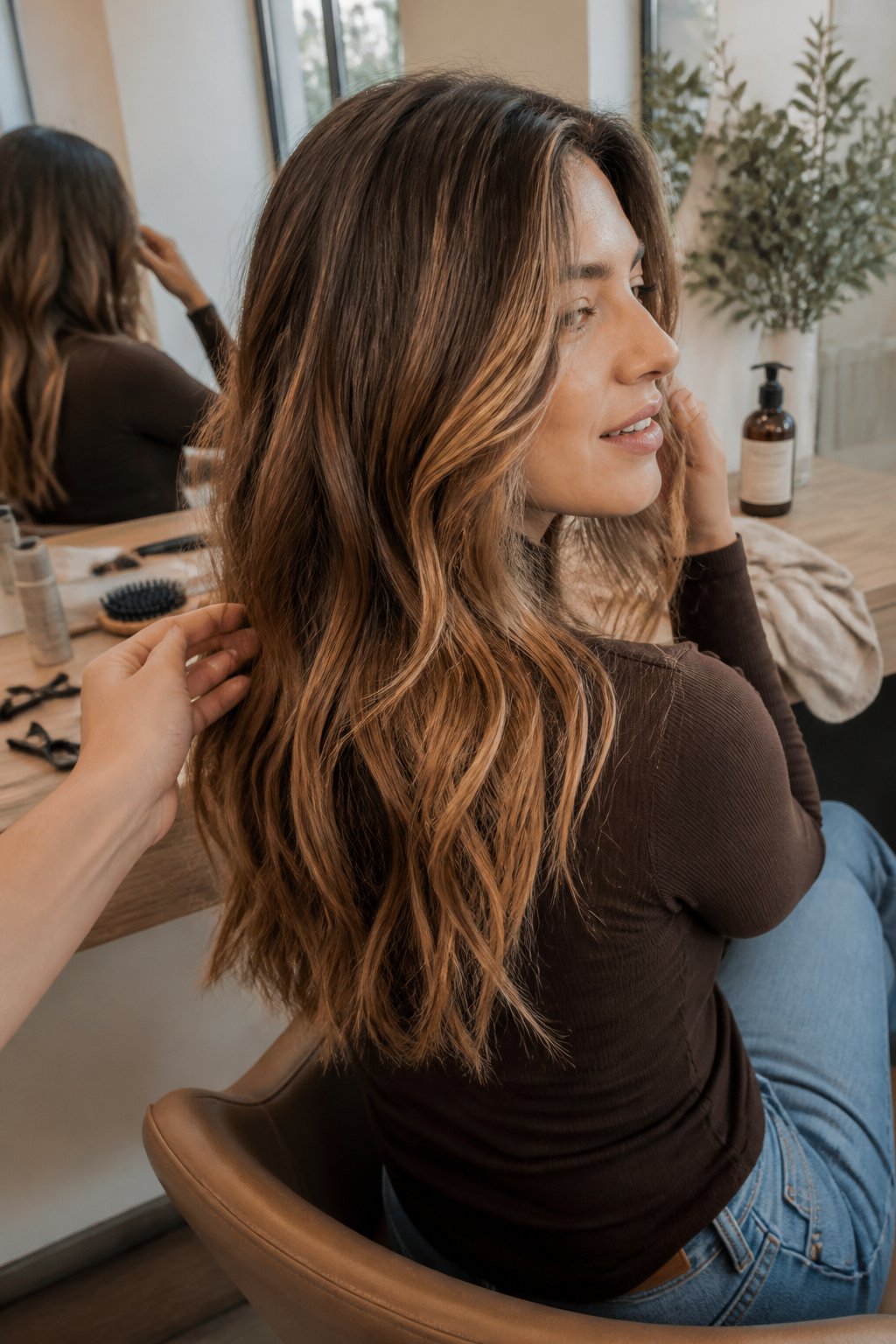 A brunette woman with warm golden-bronde highlights adjusts her hair beside a softly lit styling area.