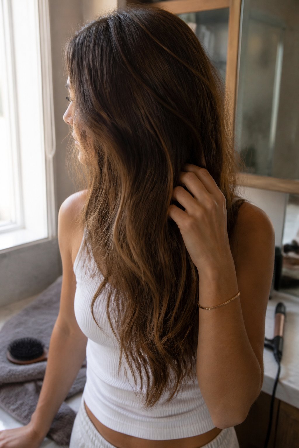 A brunette with natural mocha-brown hair sits near a window in a casual room, with a hairbrush and styling tools nearby.