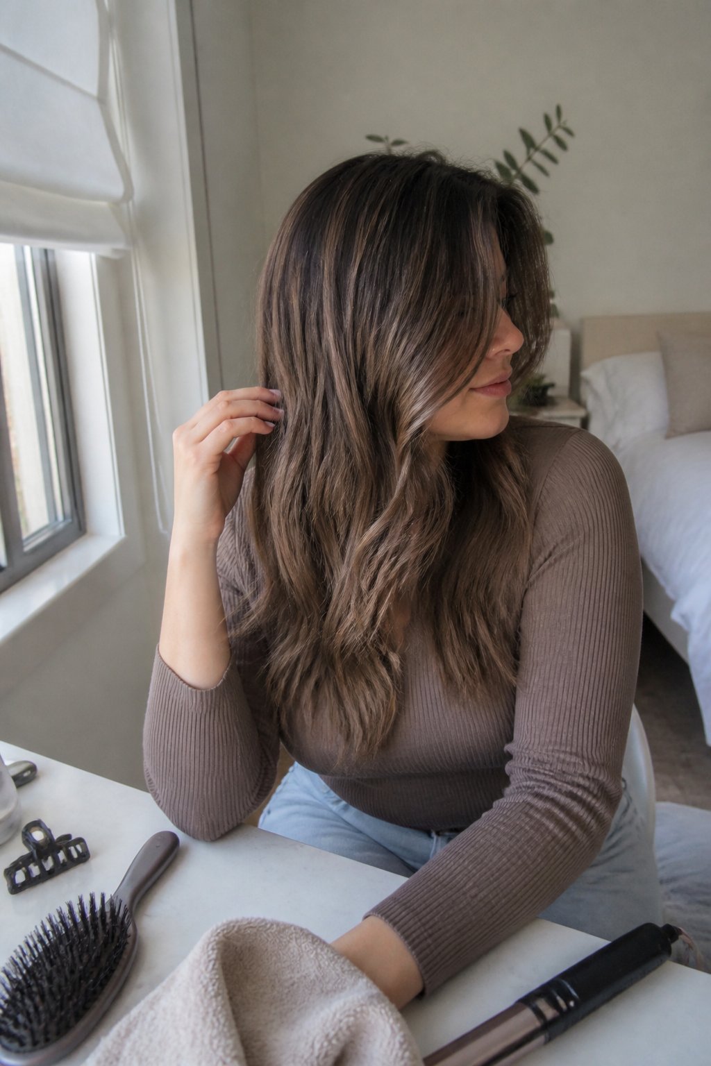 A brunette person with ash brown hair sits near a window and gently touches their hair in a simple home setting.