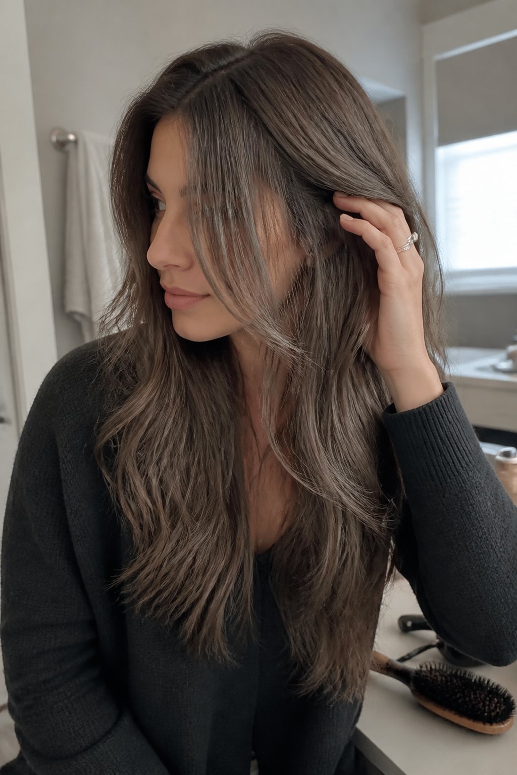 A brunette woman with cool mushroom-brown hair sits indoors in soft daylight beside a hairbrush and styling tools.