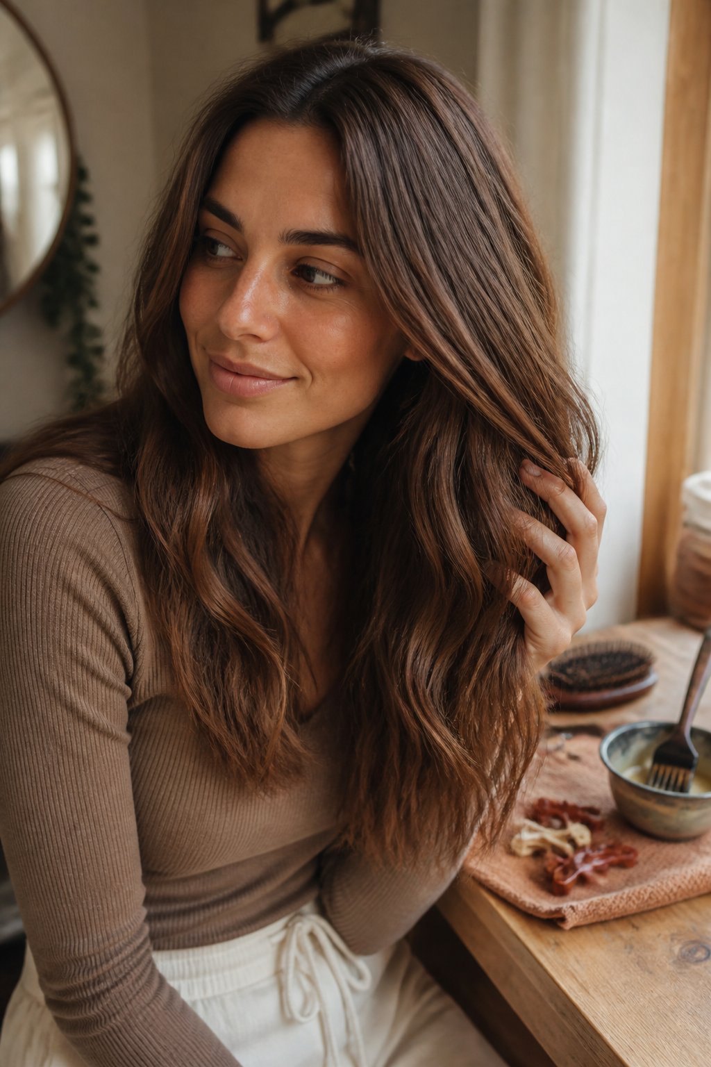 A brunette woman with warm cinnamon-brown hair sits near a window while adjusting a section of her hair beside simple styling tools.
