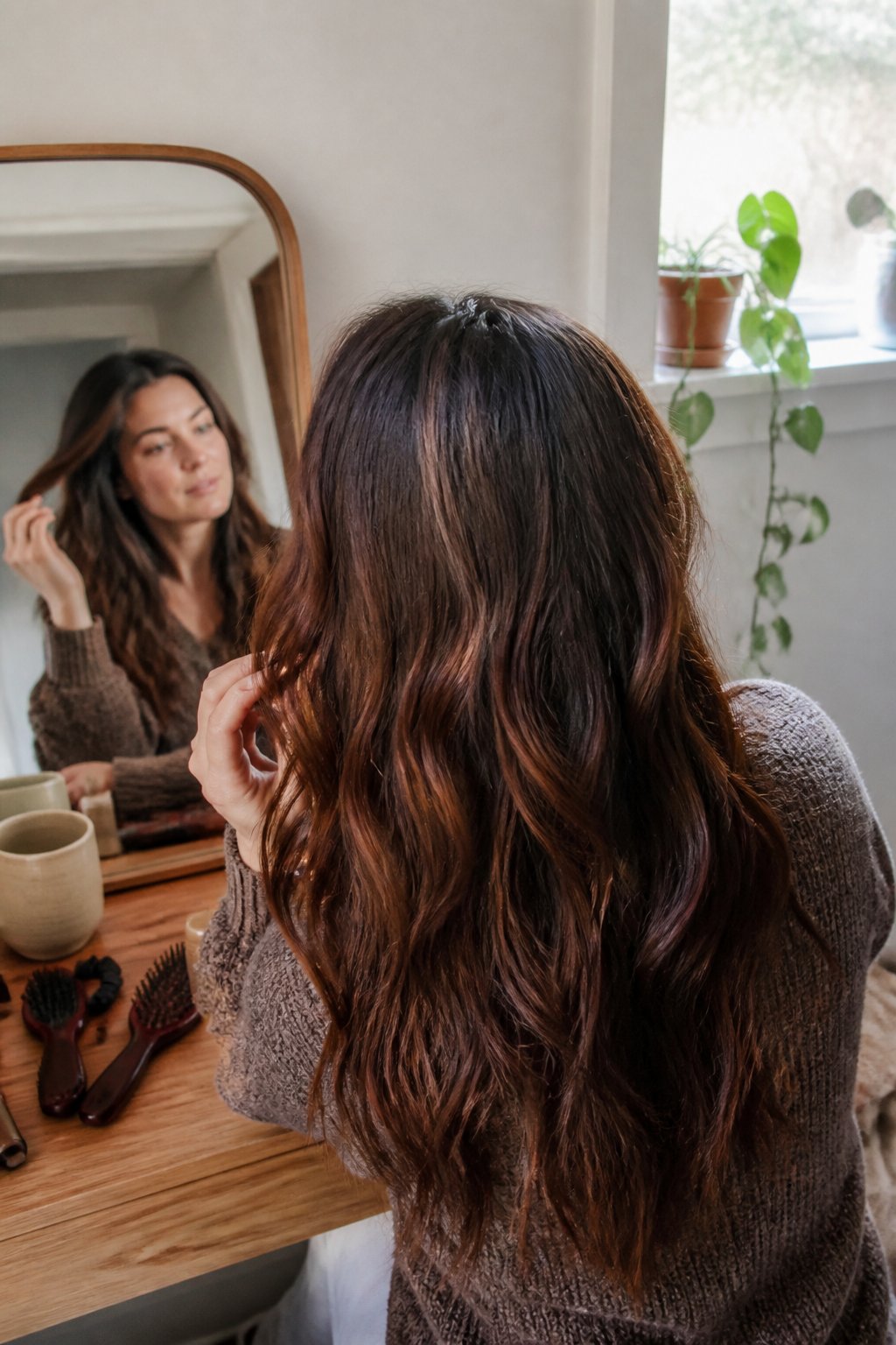 A woman with warm auburn-brown hair adjusts it beside a softly lit mirror in a home setting.