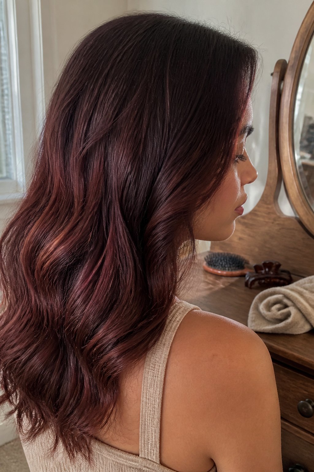 A person with softly styled brunette hair featuring rich burgundy brown tones beside a simple vanity.