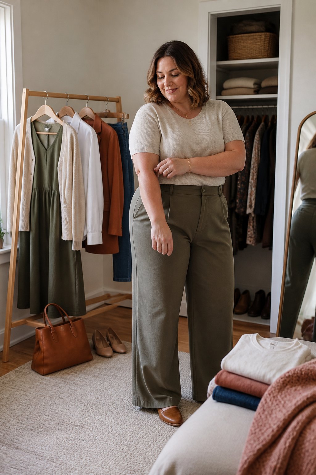 A plus-size woman stands in a bright bedroom beside a clothing rack displaying several coordinated everyday outfits.