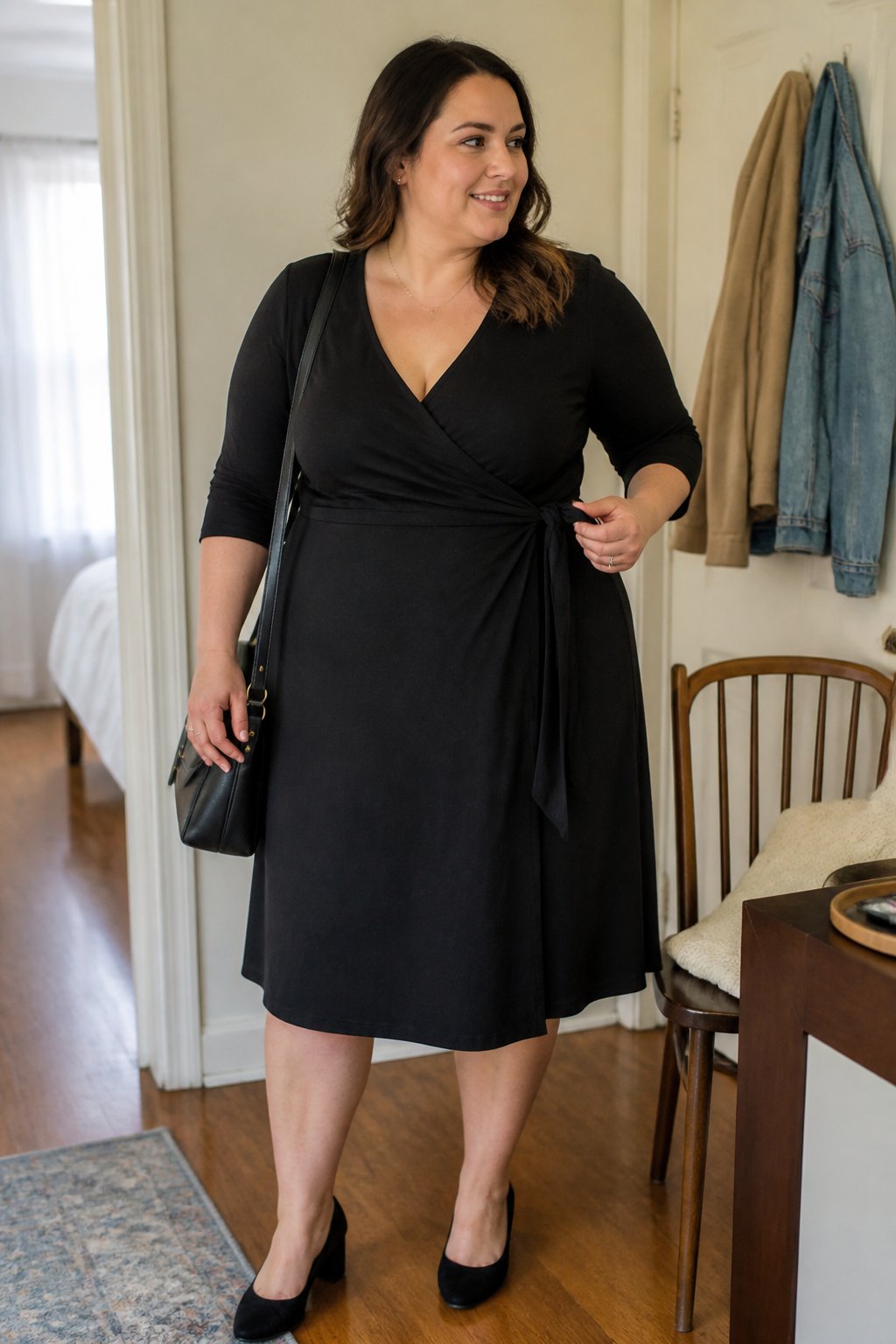 A plus-size woman wearing a black wrap dress and block heels stands in a softly lit home.