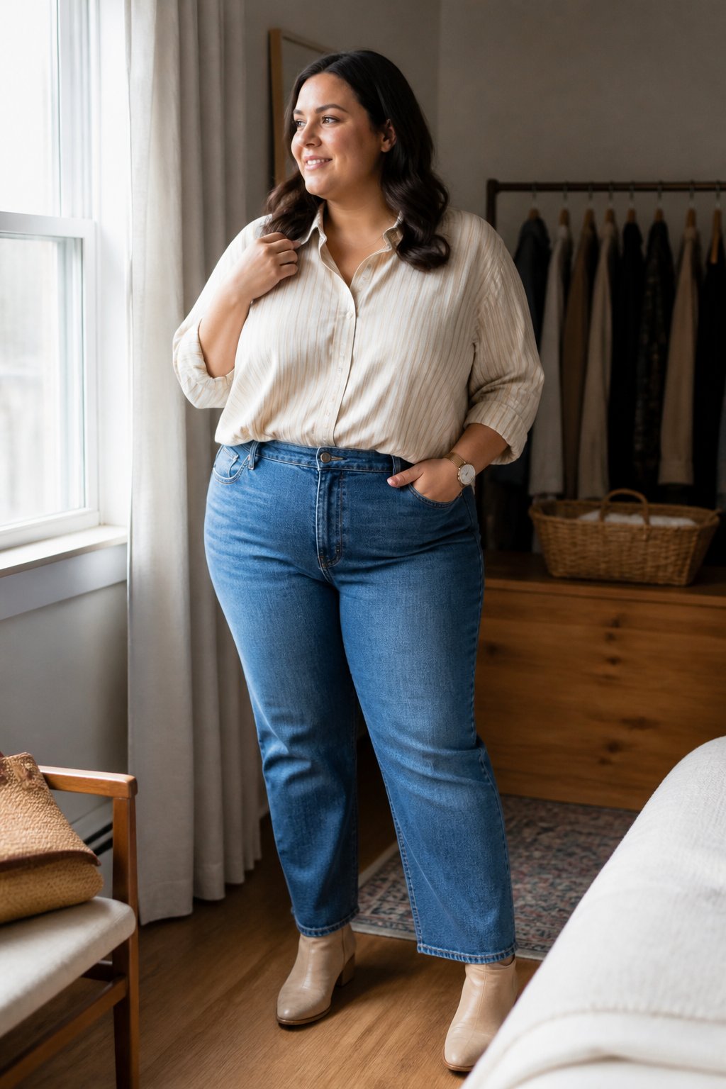A plus-size woman stands near a window wearing high-rise straight-leg jeans and a tucked-in blouse.