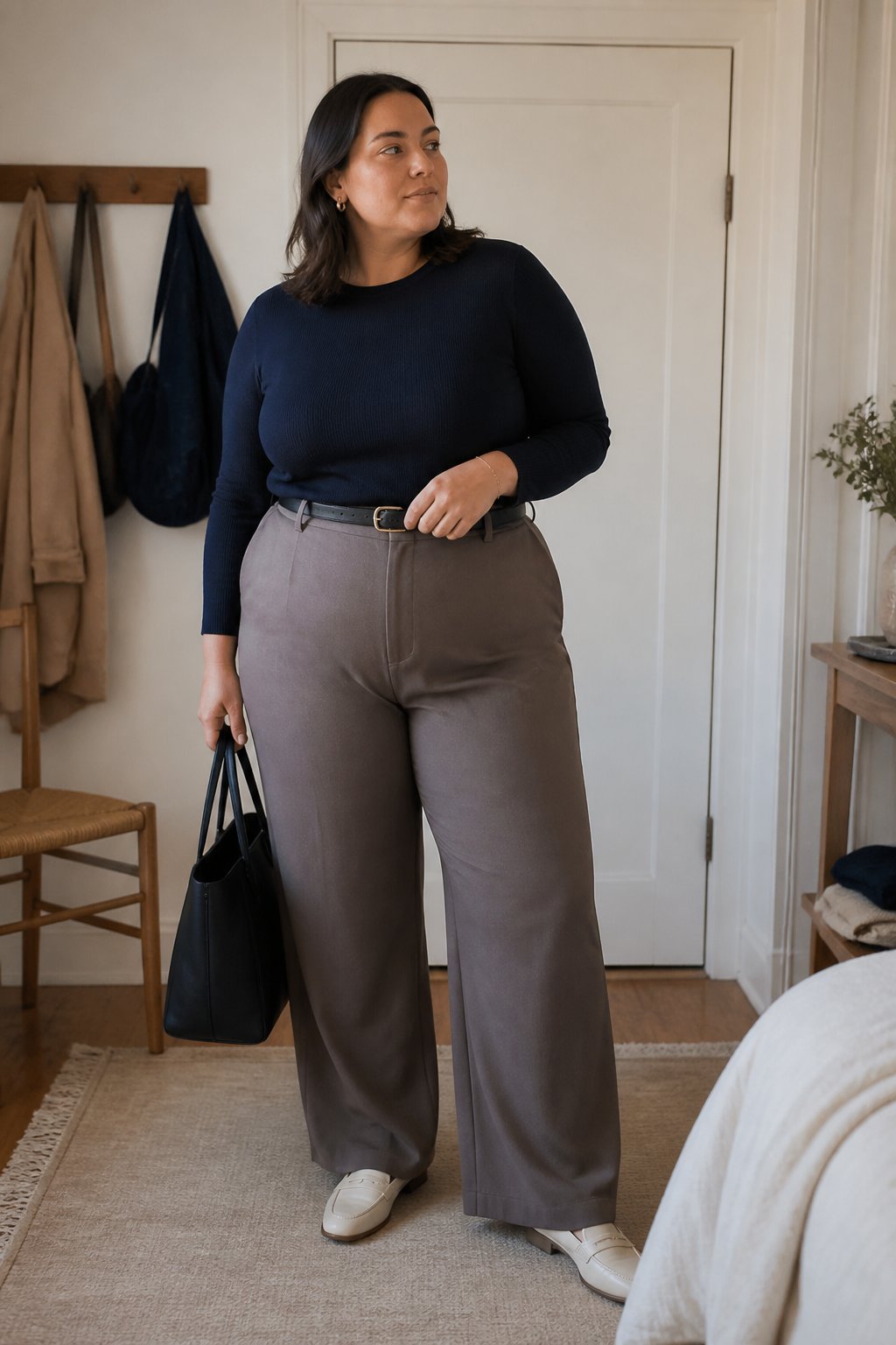 A plus-size woman wearing wide-leg trousers and a fitted knit top stands in a softly lit home interior.