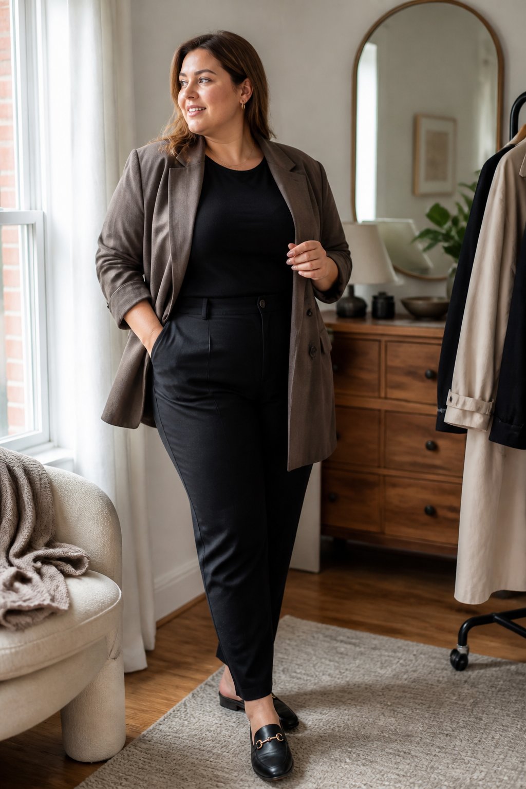 A plus-size woman wearing a longline blazer over a coordinated monochrome outfit in a bright home.