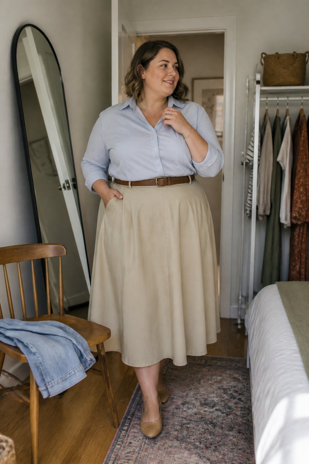 A plus-size woman wears an A-line midi skirt and tucked-in button-down shirt in a bright home setting.