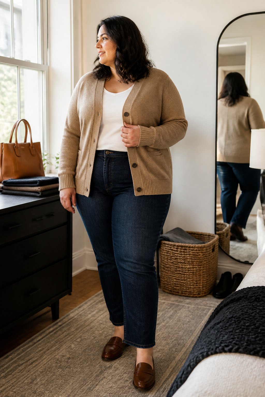 A plus-size adult wearing dark-wash jeans and a structured neutral cardigan in a bright, casual home setting.