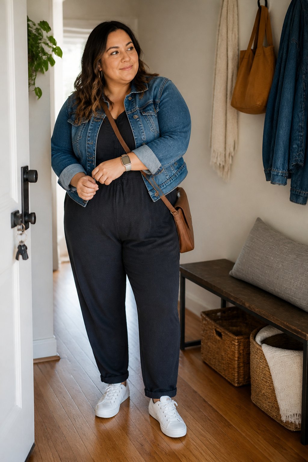 A plus-size woman wearing a dark jersey jumpsuit and cropped denim jacket stands in a bright home entryway.