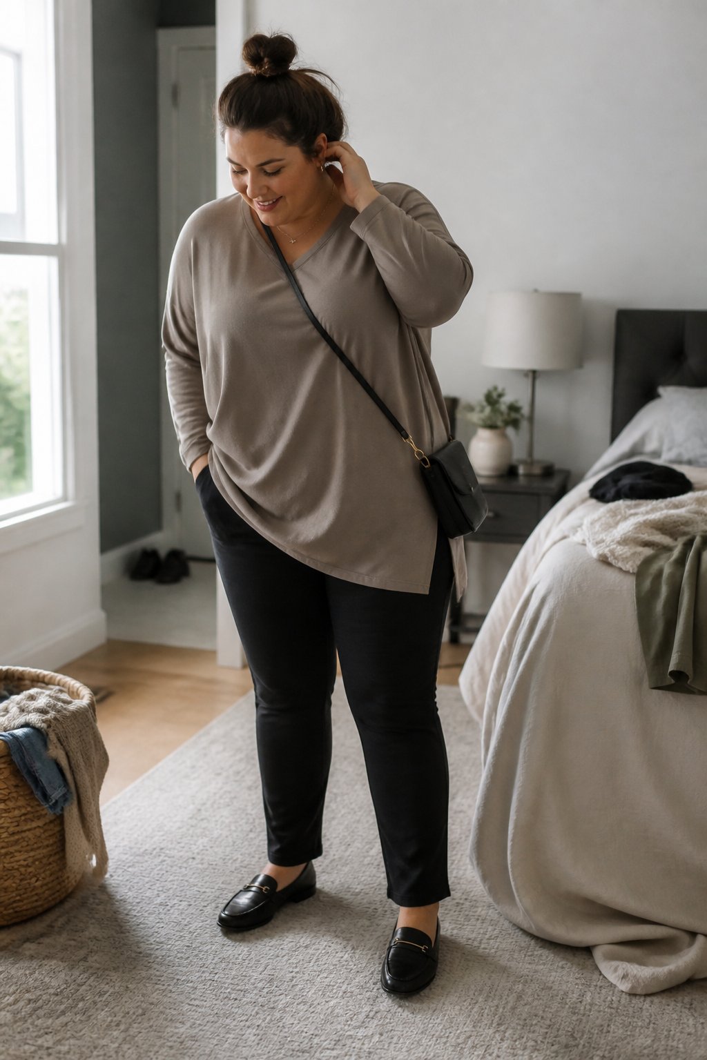 A plus-size woman wears black ponte pants and an oversized neutral tunic in a softly lit home.