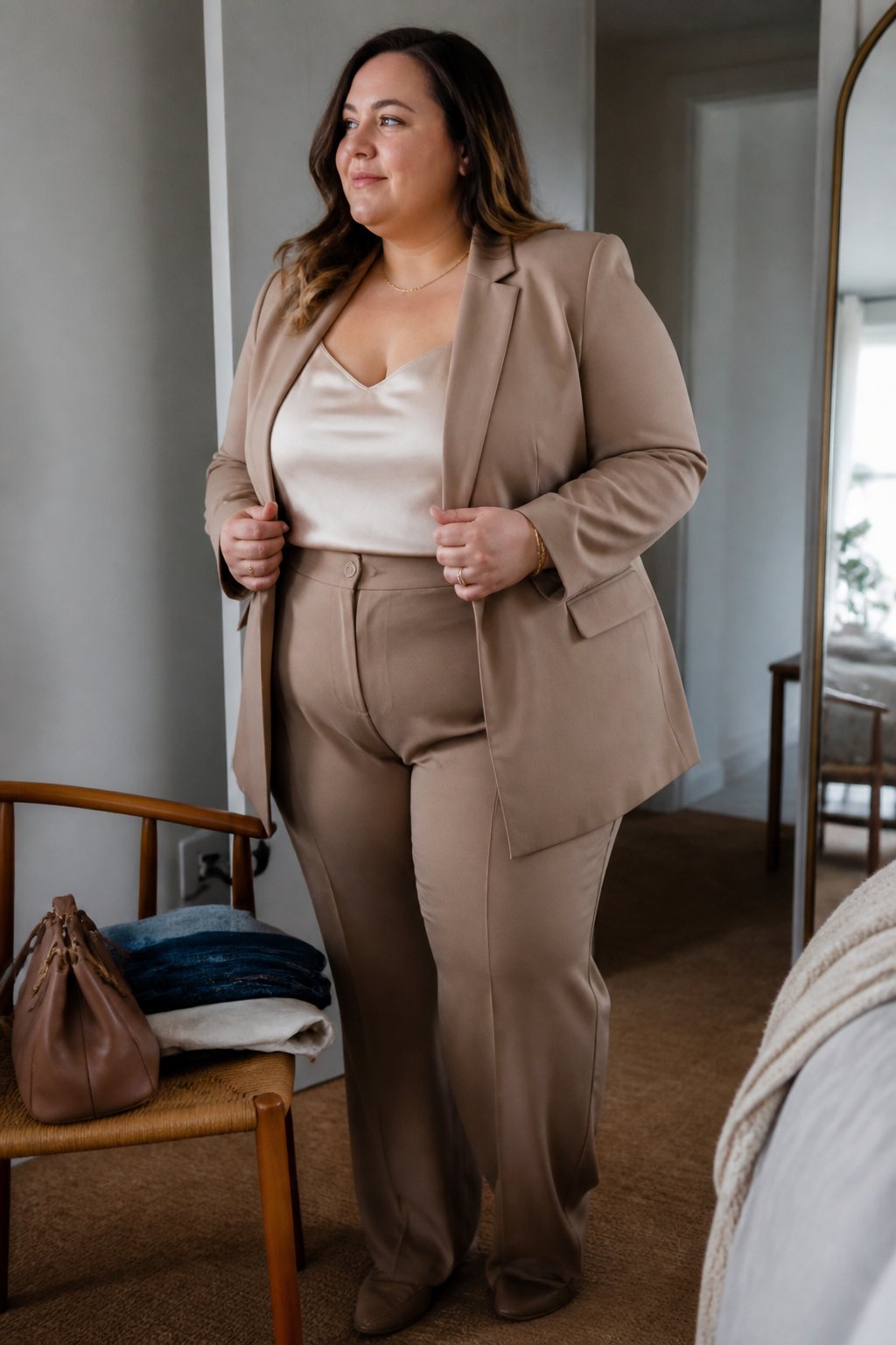 A plus-size woman wears a satin camisole with a tailored blazer and trousers in a bright home interior.
