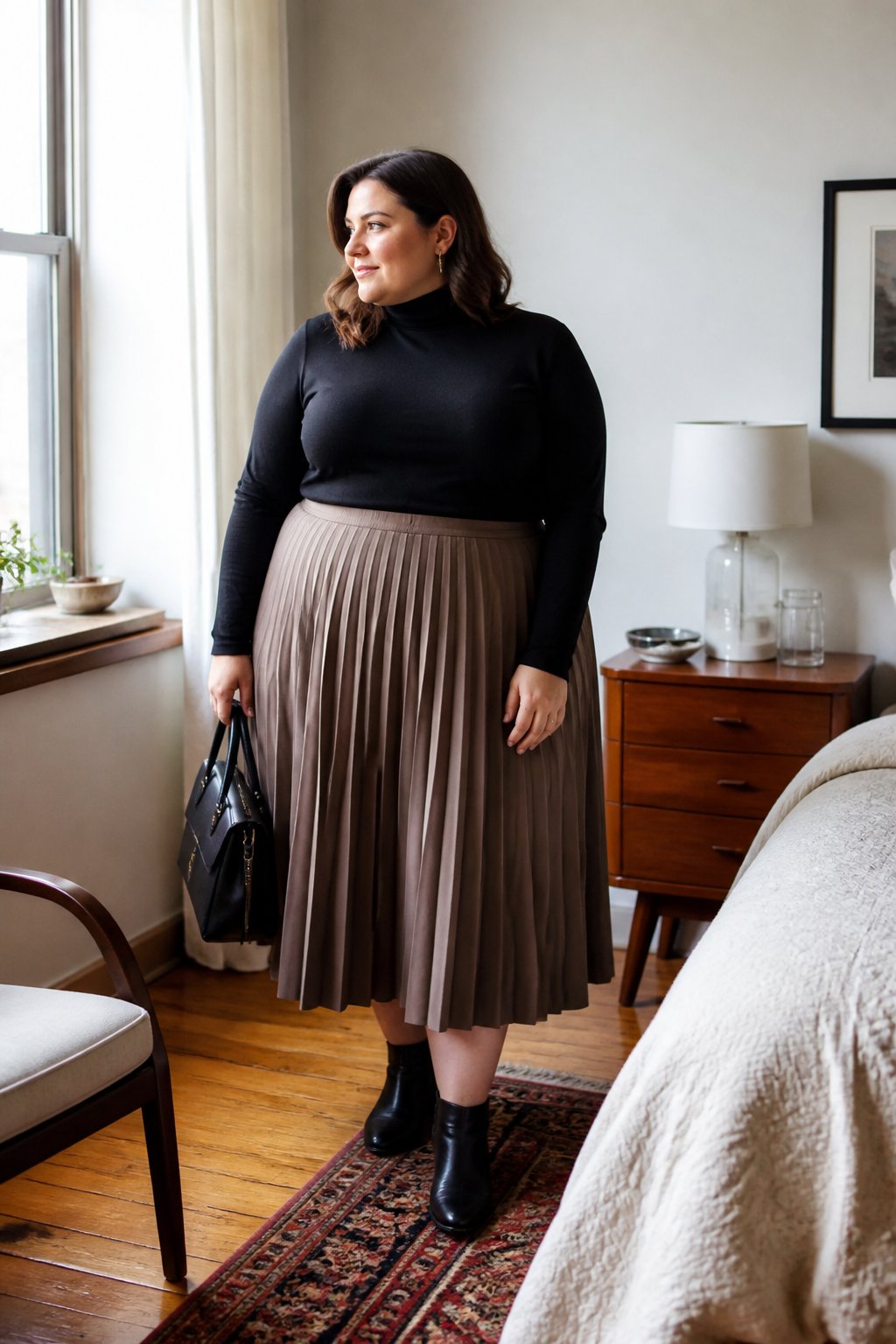 A plus-size woman wears a pleated midi skirt and fitted turtleneck in a bright home.