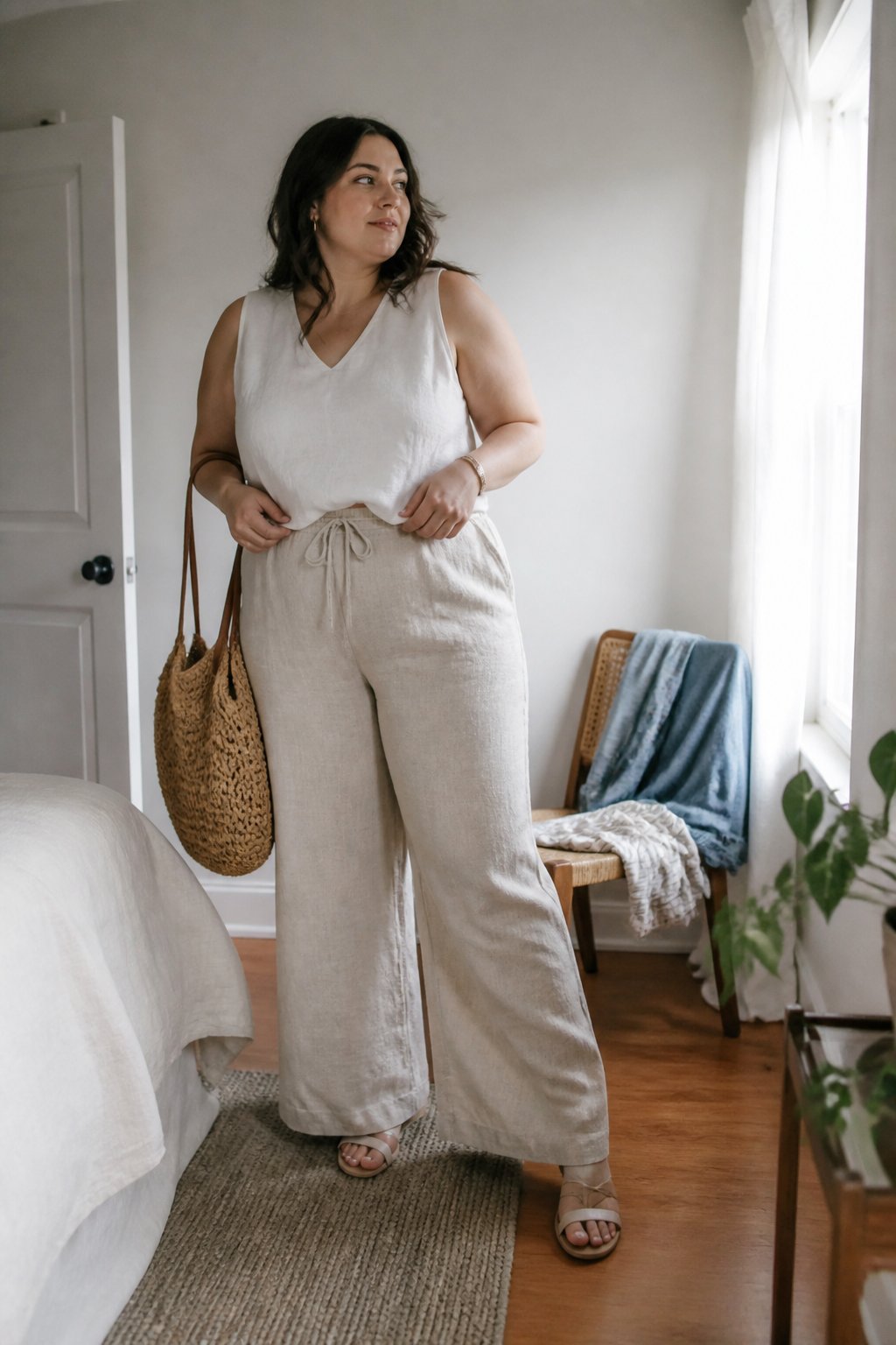 A plus-size woman wearing relaxed linen trousers and a sleeveless blouse stands casually in a bright home interior.
