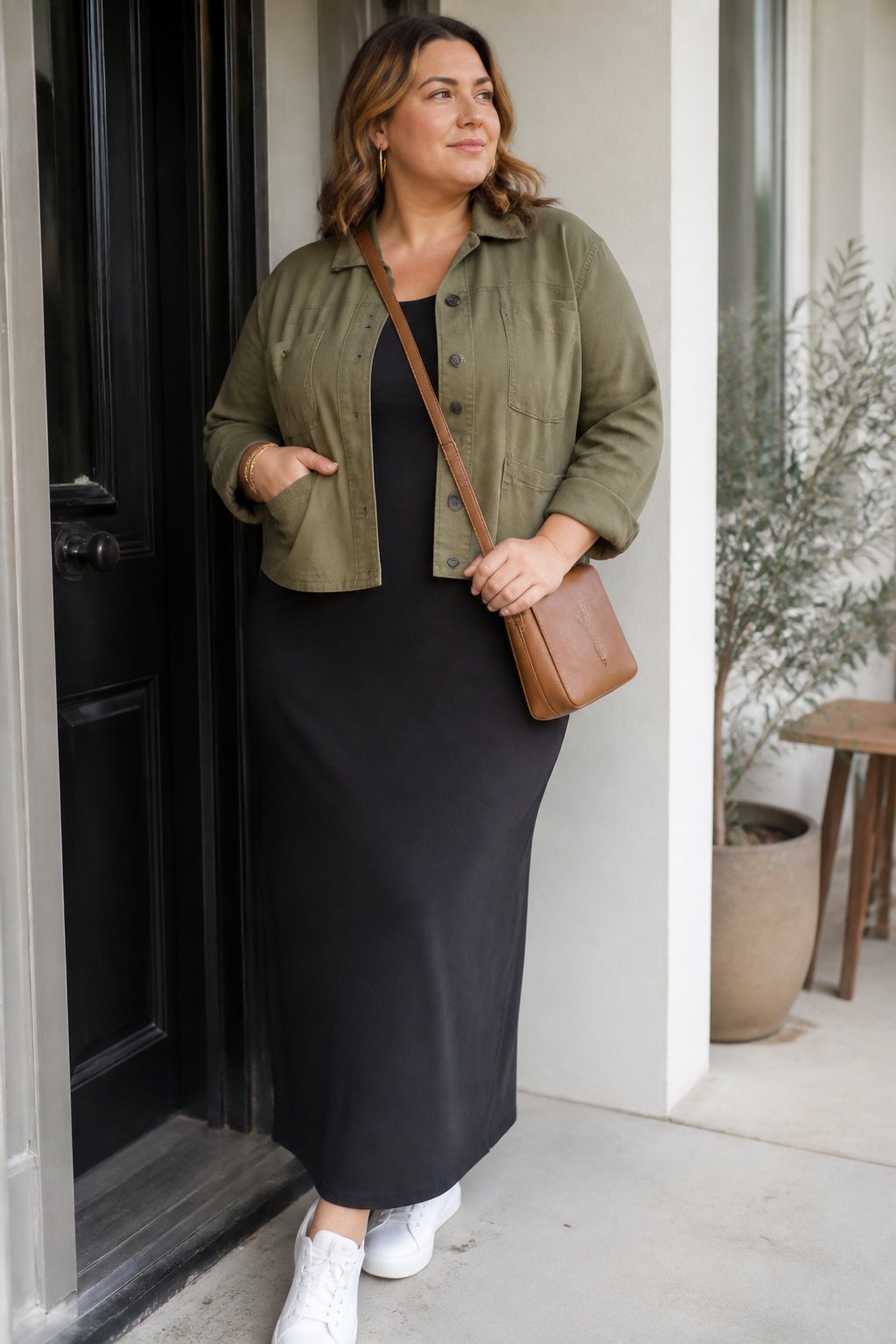 A plus-size person wearing a cropped utility jacket over a long column dress in a casual outdoor setting.