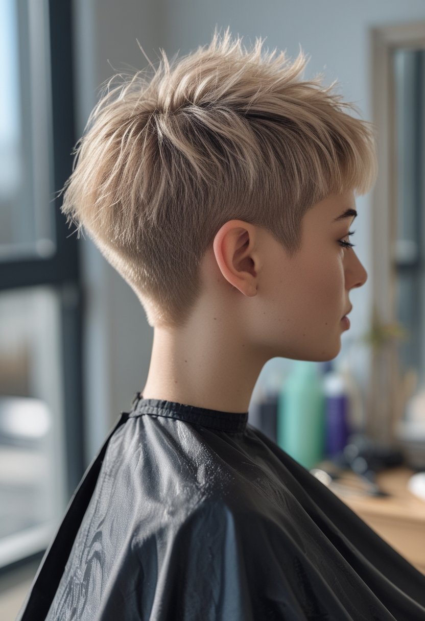 Person with a textured choppy pixie haircut sitting near a window in a casual room.