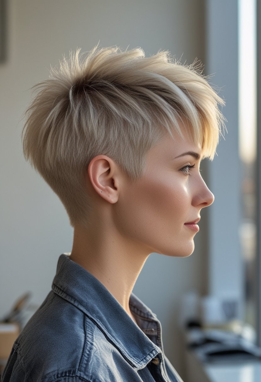 Adult woman with a textured choppy pixie haircut and short layered crown.