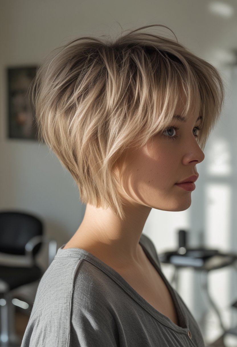 Person with a textured pixie haircut and long side-swept bangs photographed indoors.