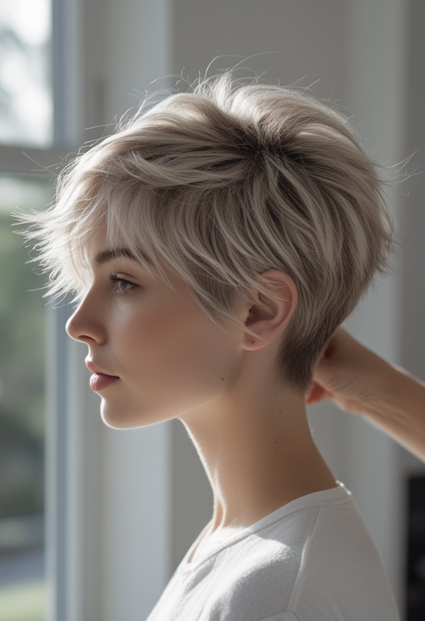 A person with a tousled pixie haircut and subtle undercut adjusts their hair in soft window light.
