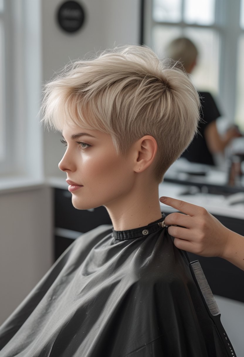 A woman with a feathered choppy pixie haircut sits in a bright salon near a window.