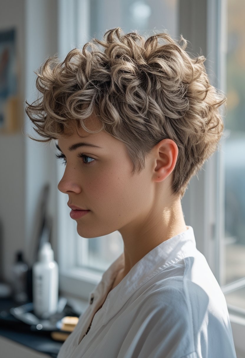 A person with a curly choppy pixie haircut and tapered sides standing near a bright window beside hairstyling tools.