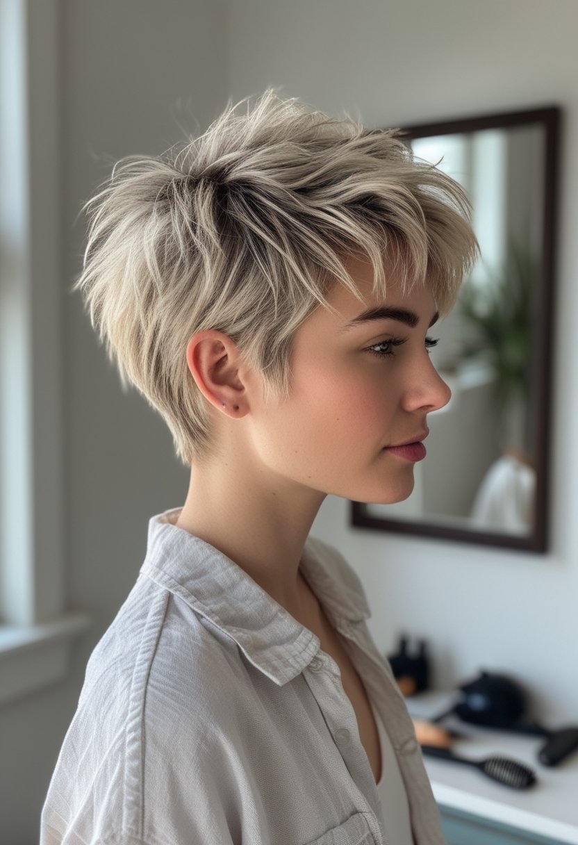 A person with a tousled layered pixie haircut poses casually in a softly lit room.