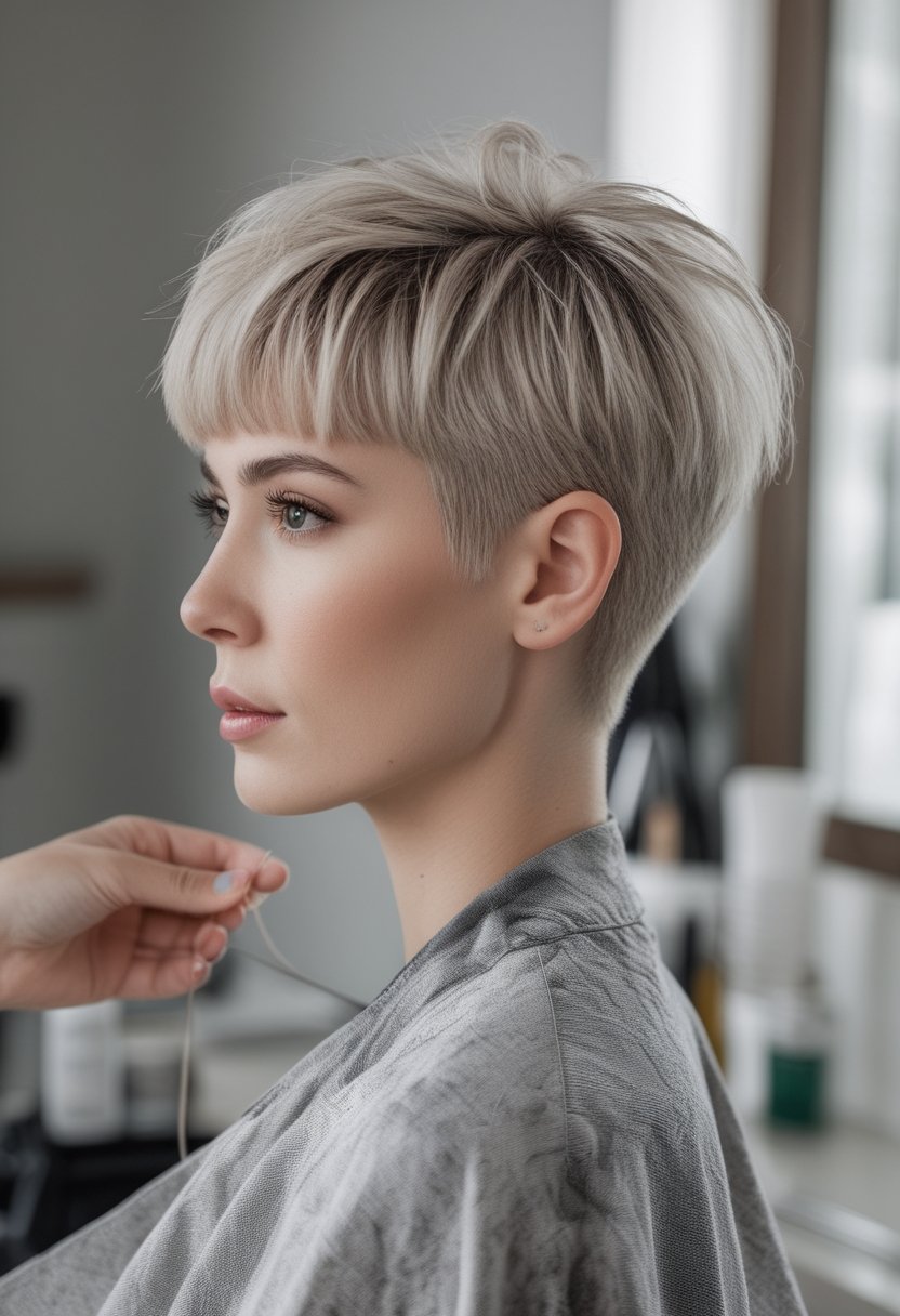 Adult model with a short, textured pixie haircut and very short fringe in a casual salon setting.