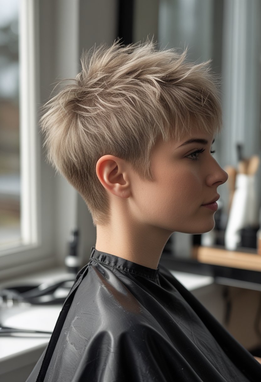 A person with a textured shaggy pixie haircut with choppy, razored ends sits in a softly lit everyday setting.