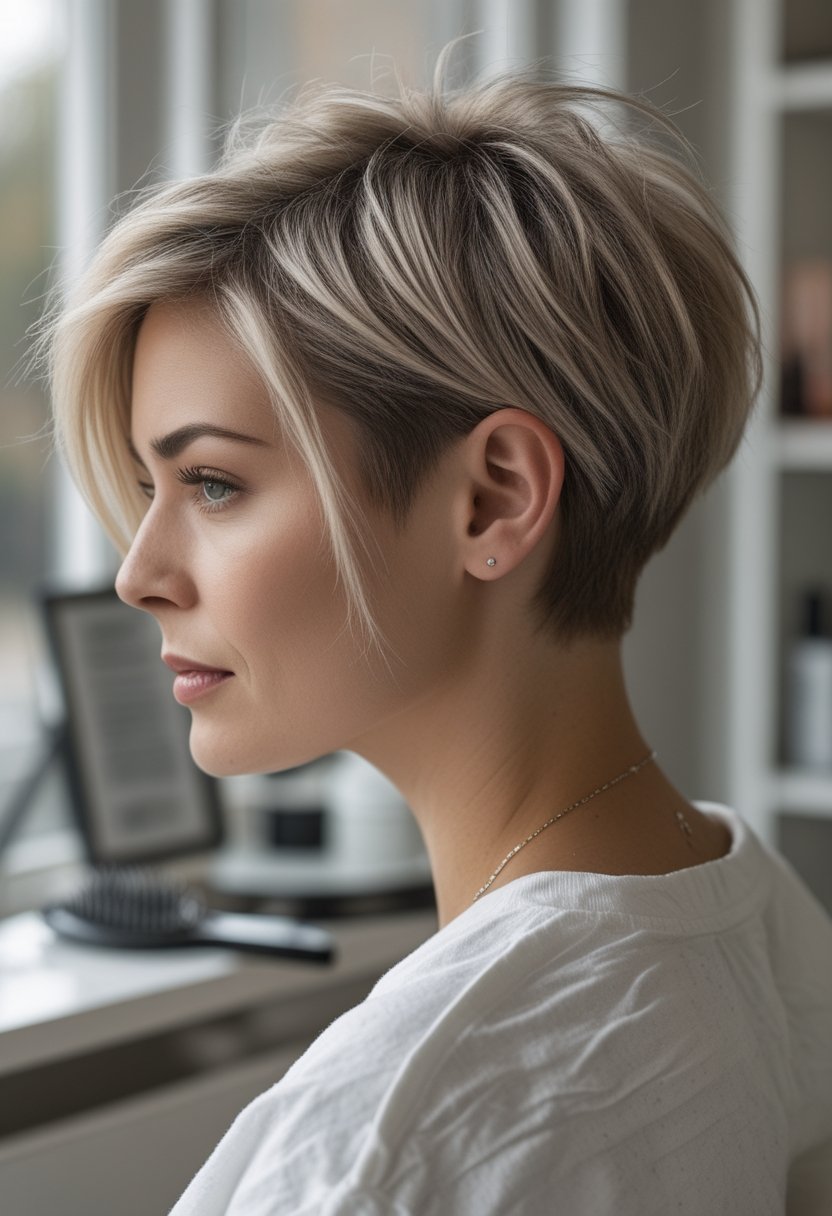 A woman with an asymmetrical textured pixie haircut sits in soft natural light.