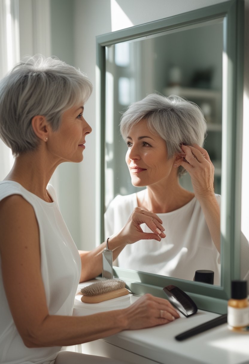 A mature woman with a short layered pixie haircut sits near a mirror and gently styles her hair in a bright home dressing area.