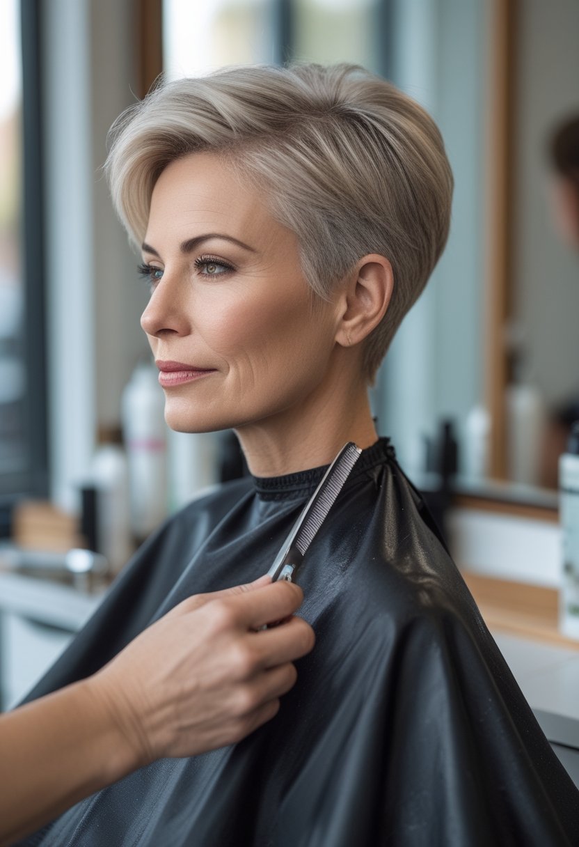 A woman over 50 with a softly textured pixie haircut sits in a bright salon beside styling tools.
