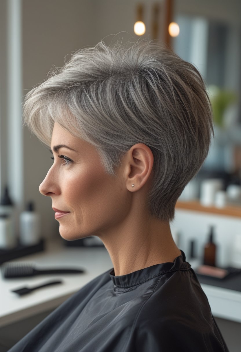 A woman over 50 with a layered pixie haircut sits near a window in a casual hair-styling setting.