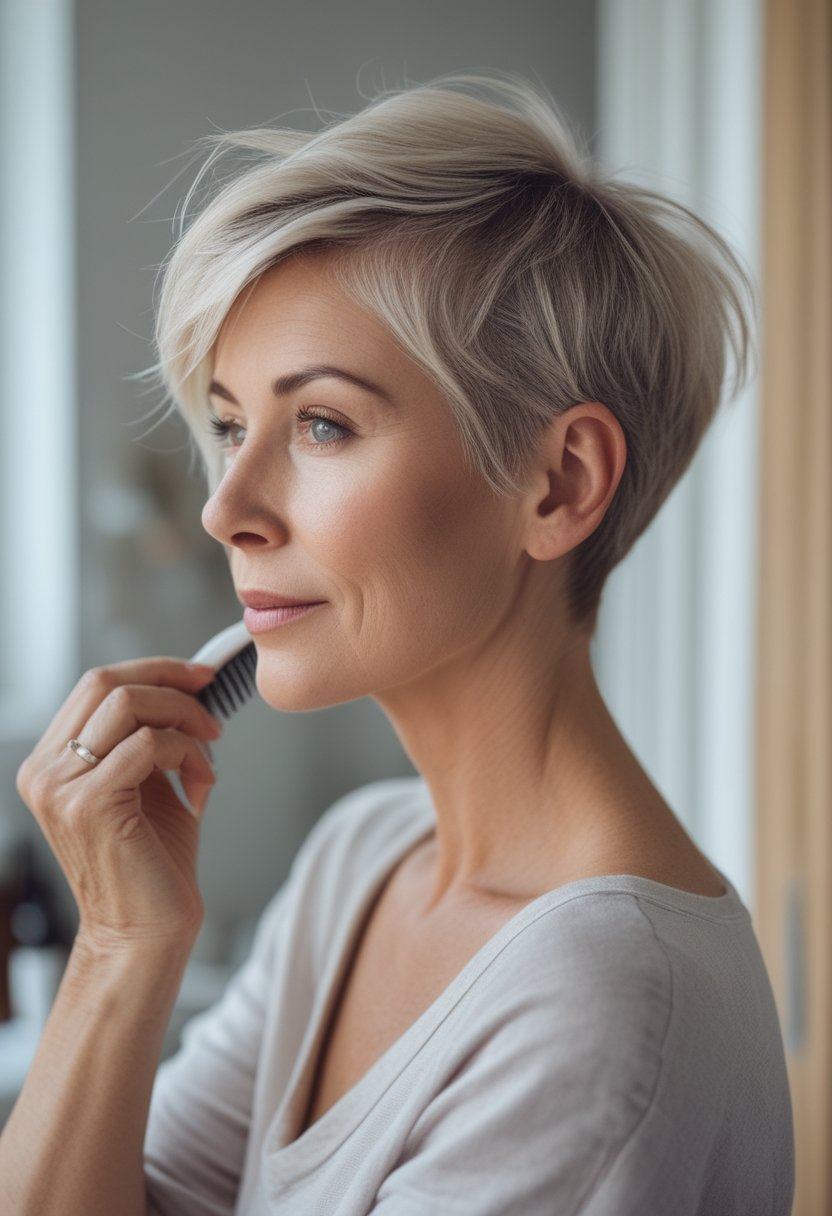 A woman over 50 with a short, softly side-swept pixie haircut stands near a window in a home.