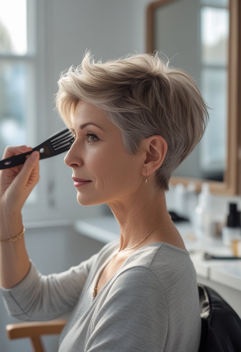 An older woman with a short choppy feathered pixie haircut sits near a mirror in a bright home setting.