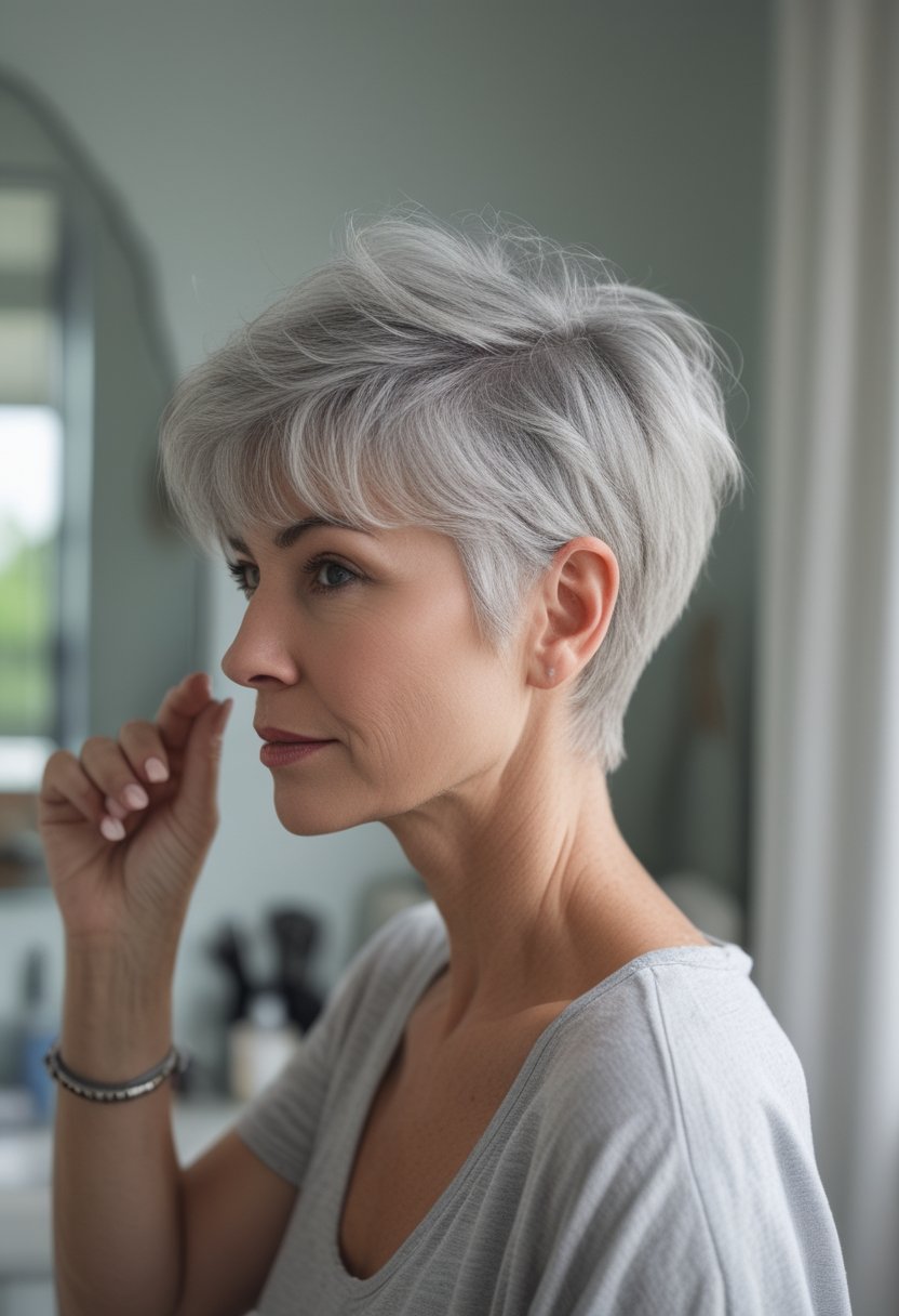 A mature woman with a tapered pixie haircut and wispy bangs stands in a softly lit everyday room.