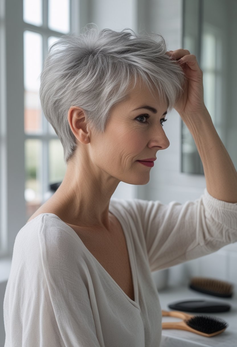 A mature woman with a tousled silver pixie haircut sits near a window in a bright home.