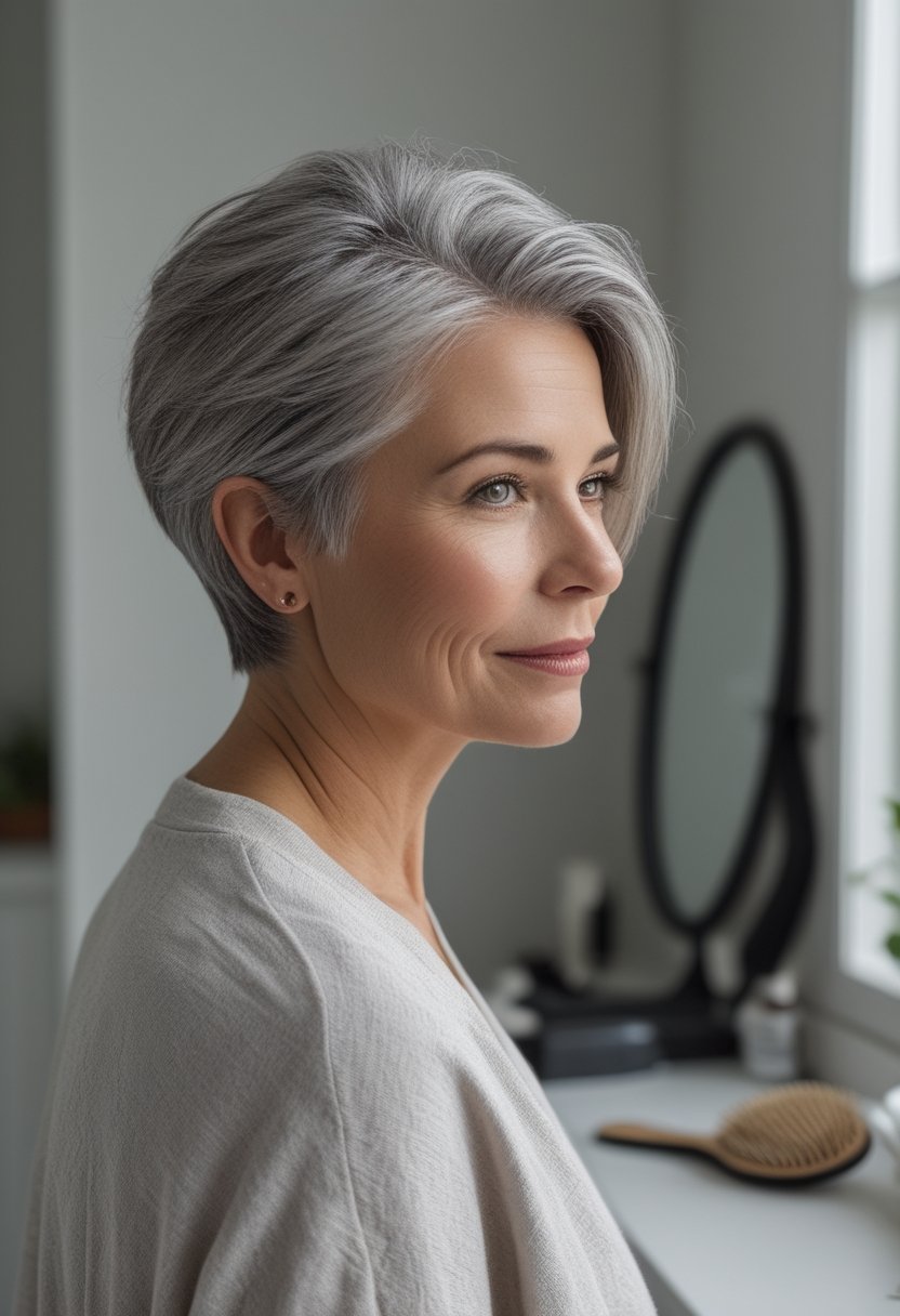 A mature woman with a side-parted salt-and-pepper pixie haircut stands in a softly lit home interior.
