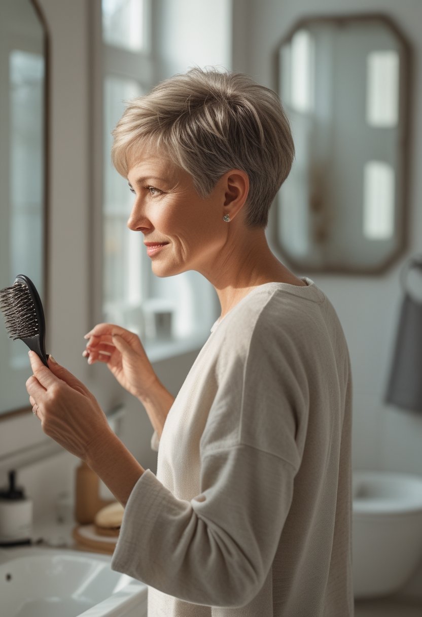 A woman over 50 with a short textured pixie haircut gently adjusts her hair near a bright window.