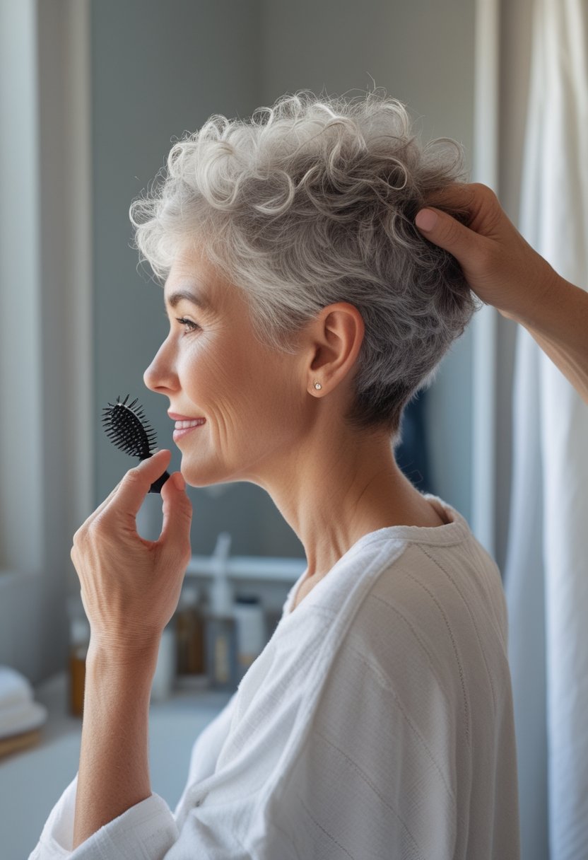 Older woman with a short curly pixie haircut and softly lifted crown standing near a window.