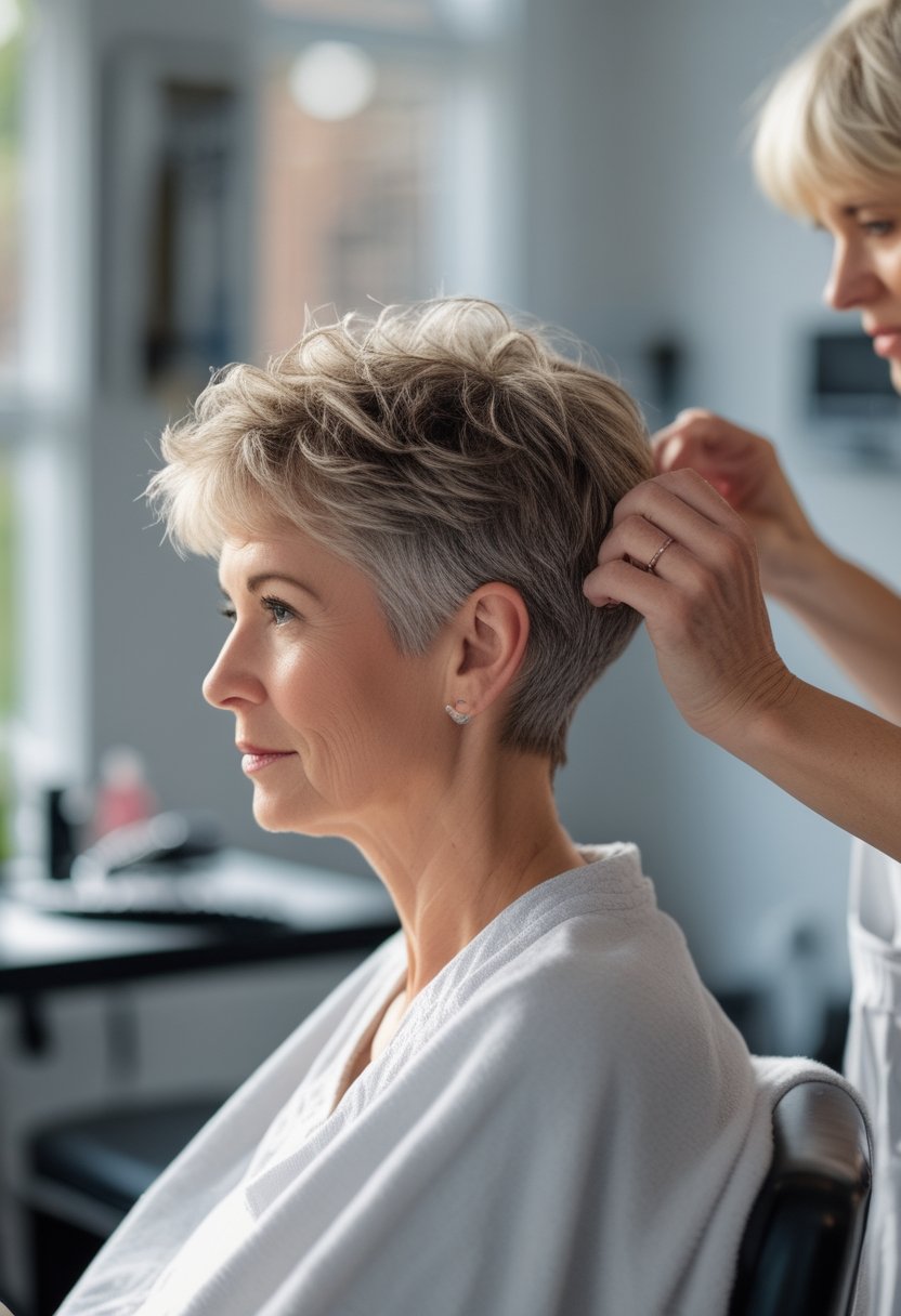 A mature woman with a shaggy pixie haircut receives a casual trim in a softly lit salon.