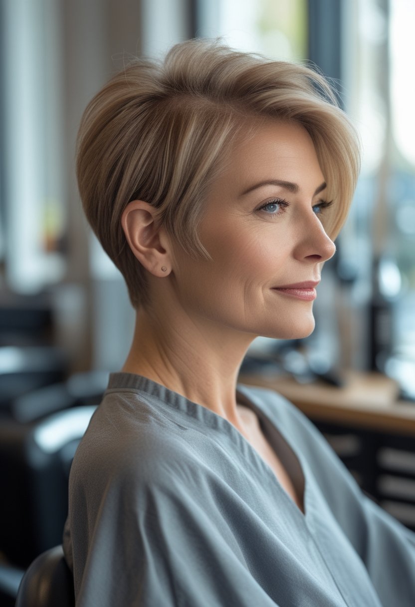 A woman over 50 with a short asymmetrical pixie haircut and long side-swept bangs sits in a hair salon.