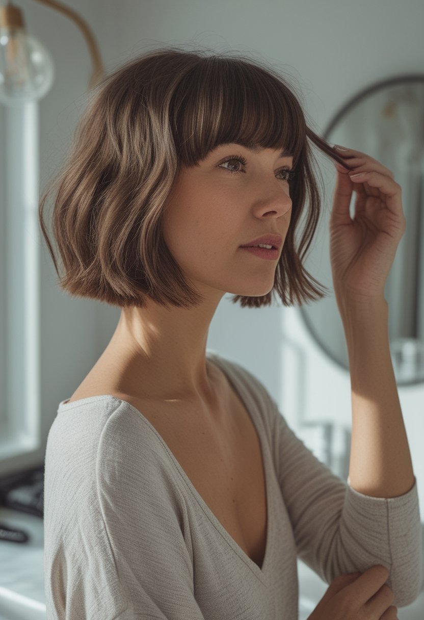 Woman with a chin-length bob haircut and soft curtain bangs standing indoors near a window.