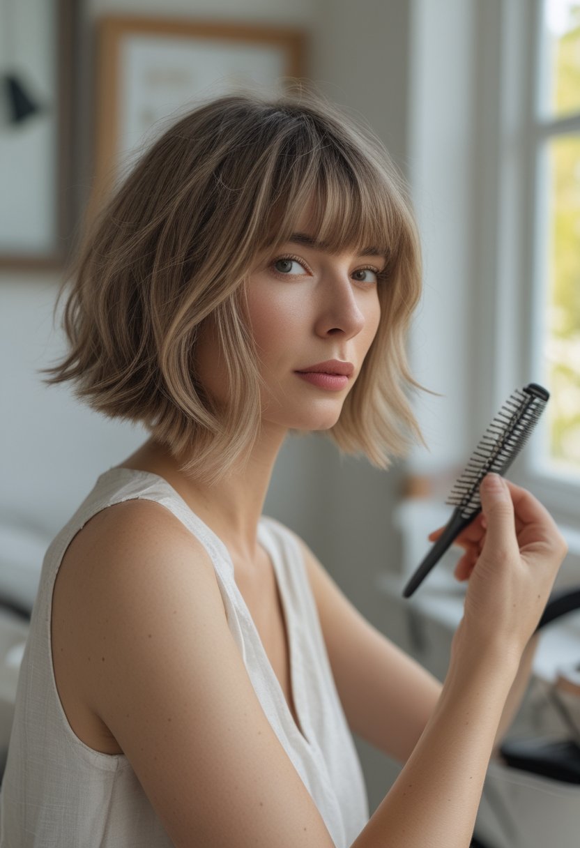 A woman with a textured French bob and wispy curtain fringe stands near a window in a casual home setting.