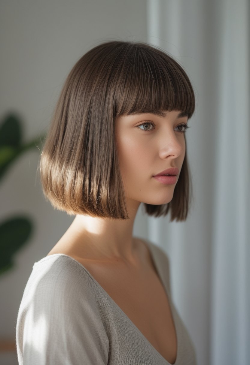 Person with a sleek blunt bob and center-parted curtain bangs in a bright home setting.