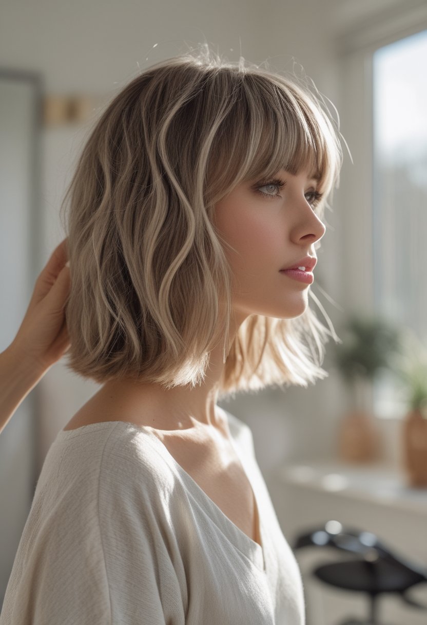 Woman wearing a shoulder-length layered bob with soft curtain bangs in a bright indoor setting.