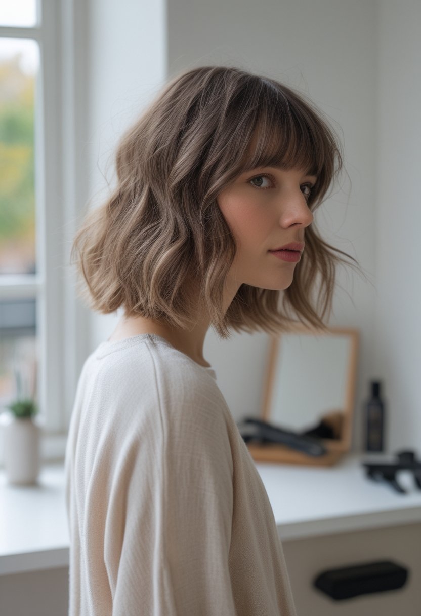 A person with a wavy collarbone-length bob and center-parted curtain bangs stands in a softly lit home setting.