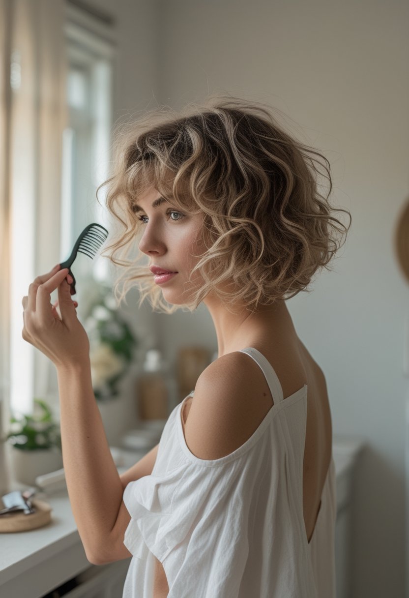 A woman with a curly bob and feathered curtain bangs adjusts her hair in a softly lit room.
