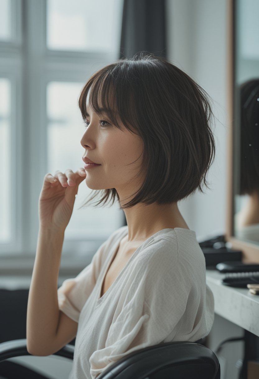 A woman with an inverted bob haircut and tapered curtain bangs sits near a bright window while touching the front layers of her hair.
