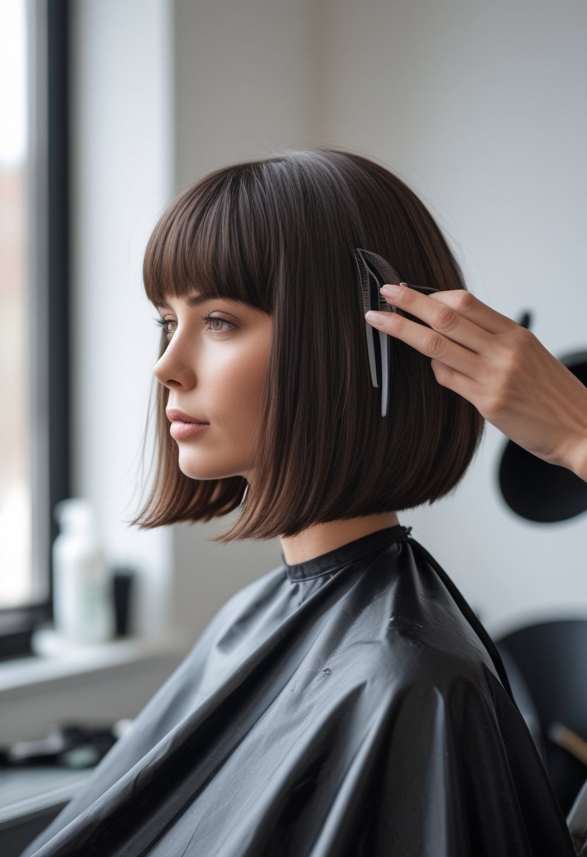 A woman with a chin-length Italian bob and full curtain bangs sits in a softly lit salon while a stylist adjusts her hair.